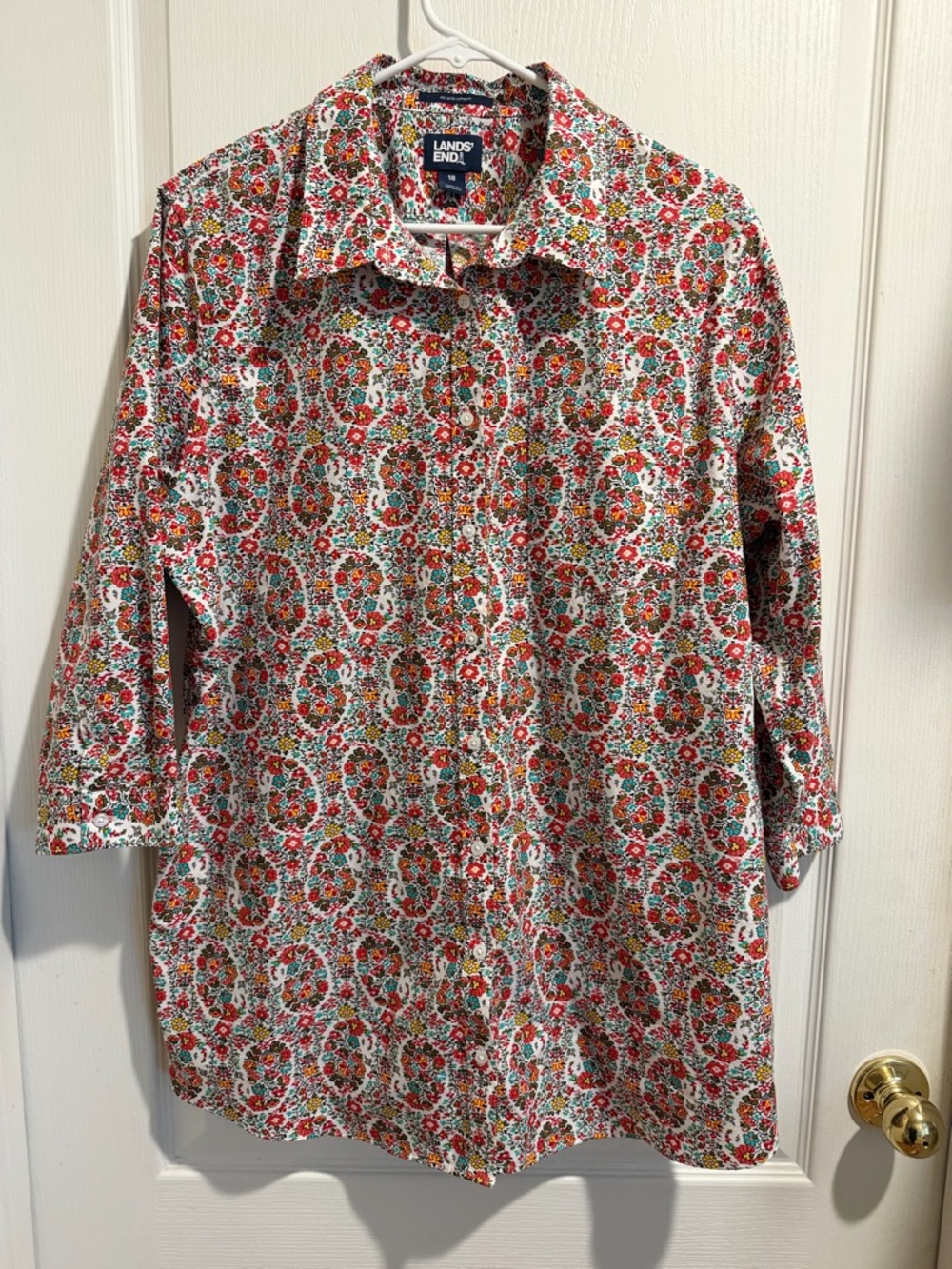 Lands' End Floral Blouse in Red, Green & Blue Accents